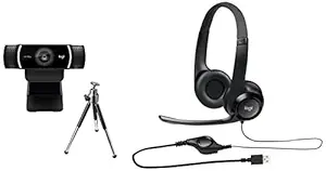 Logitech C922 Pro Stream Webcam, HD 1080p/30fps or HD 720p/60fps, HD Light Correction, Autofocus, for YouTube, Twitch, XSplit - Black (960-001090) & H390 Wired On Ear Headphones with Mic (Black)