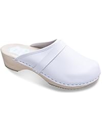 FUTURO FASHION Mujer Saludable Natural Piel Auténtica Madera Suela LISO Zuecos Blanco Negro Unisex Colores Tamaños 3-11 GB