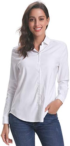 Women's Blouse Long Sleeve Button Down Plain Work Office Shirts Blouse with Stretch Black White