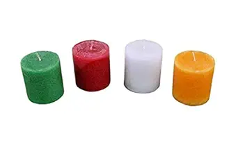 DELHI CANDLES Home Made Hand-Crafted Smooth-Multicolor Pillar Candles Set of 4 for Home Dcor/Meditation/Aroma/Reiki/Party/Romantic Dinner/Christmas & Other Occasion (Orange,White,Red,Green, 2X2)