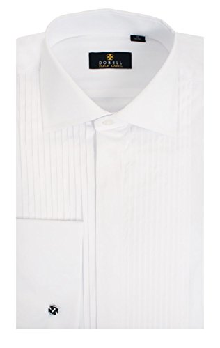 Dobell Mens White Dress Shirt Regular Fit 100% Cotton Standard Collar Double Cuff Pleated Fly Front