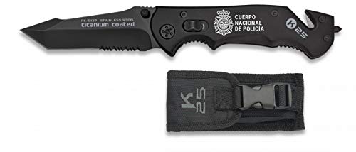 Navaja con grabado CUERPO NACIONAL DE POLICIA K25 Supervivencia con funda incluida Hoja 9 cm para Caza, Pesca, Camping, Outdoor, Supervivencia y Bushcraft K25 19127GR255 + Portabotellas de regalo