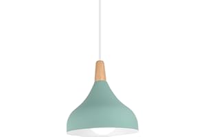 Hongho Suspension Luminaire Vintage Métal Lustre Industriel Lampes E27 Corde Ajustable Abat-jour Bois Aluminium pour Salon Cuisine Restaurant Salle à manger Chambre (vert)