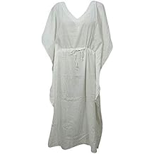 Mogul Interior Women Caftan Dress White Drawstring Embroidered Cover Up Kaftan One Size