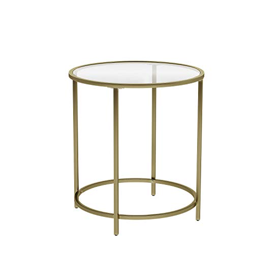 VASAGLE Beistelltisch rund, Glastisch mit goldenem Metallgestell, kleiner Couchtisch, Nachttisch, Sofatisch, Balkon, robustes Hartglas, stabil, dekorativ, Gold LGT20G