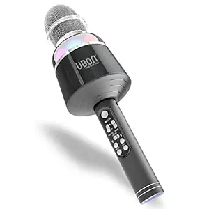 UBON Wireless Karaoke Mic with Inbuilt Speaker, Party Star GT-425, Bluetooth Handheld Singing Mic with Audio Recording Function, Voice Changer Modes, Aux, USB & TF Card Slot, RGB Disco Lights (Black)