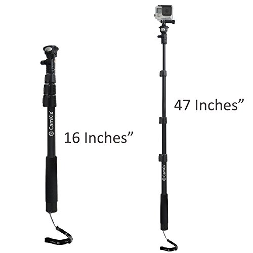 Telescópica Premium 16 - 47 pulgadas por camkix - para GOPRO HERO; Montaje compactos; y teléfono móvil - con atril para mando a distancia WiFi - Sistema de cierre por pinzas Orgánica sólido y estable - incluye soporte para GoPro, soporte para teléfono móvil, espejo para selfie, tornillo de fijación, y cordón ajustable (47 pulgadas) - CAMKIX