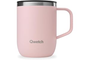 QWETCH - Mug Isotherme Inox Recyclé avec Anse -Rose Pastel 350ml - Tasse Isotherme Café & Thé - 6h Chaud & 12h Froid - Bouchon Coulissant Anti-Éclaboussures & Compatible Infuseurs