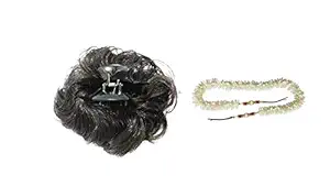 Chronex Bun 4Inches Black Hair Clutcher Juda/Extension with white Traditional Gajra for Womens