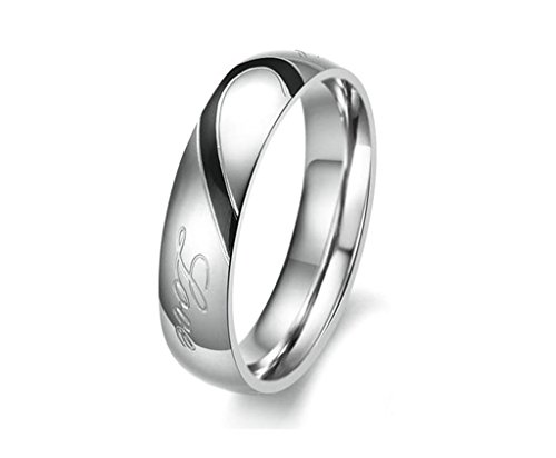 AnaZoz 1 PCS Anillos de Parejas Anillo Acero Inoxidable Anillo Corazón Anillo Compromiso Anillo Oro Negro Plata Anillo Hombre Talla 27