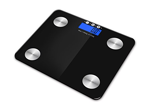 Kabalo Schwarz 180kg Kapazität elektronische Digital-Multi-Funktions- Körperfett, Körperzusammensetzung, Wasser, Muskel, Knochen, Kalorien, BMI Analyser, Stilvolle Badezimmer-Skala, mit blauer Hintergrundbeleuchtung. Batterien im Lieferumfang enthalten!