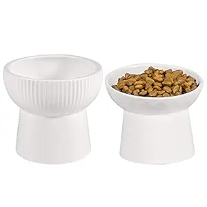 Qucey Raised Cat Food and Water Bowl Set, Elevated Ceramic Cat Feeder Bowls Pet Dish with Stand, Dishwasher and Microwave Safe