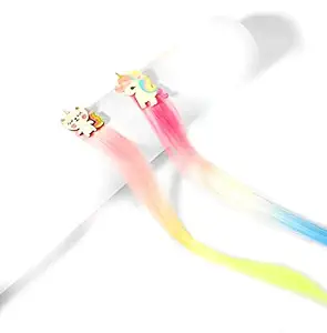 Elegance by PS COMBO Multi Colors Unicorn Girls Curly Hair Extensions Clips Hair Bows Pins For Ponytail Kids Princess set of 2
