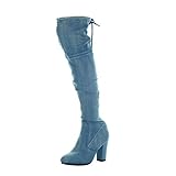  Angkorly - Zapatillas de Moda Botas Altas Cavalier Jeans Denim Flexible Mujer Talón Tacón Ancho Alto 8.5 CM - Azul H198 T 36