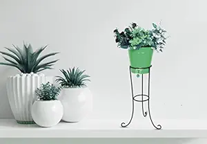 HINS Black Iron Metal Round Pot Stand with Iron Pot for Indoor & Outdoor Gardening (Green)