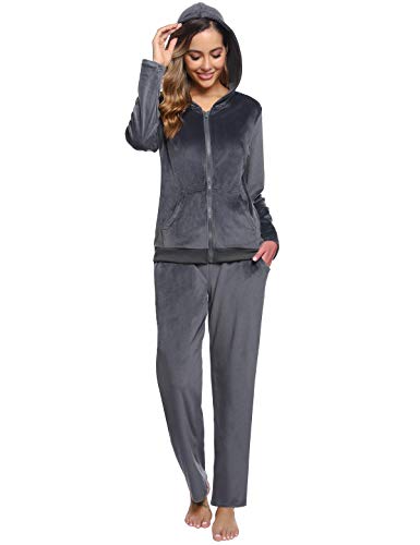 Abollria Donna Tute da Ginnastica Invernale 2 Pezzi, Completi Sportivi Abbigliamento con Cappuccio, Felpa per Corsa Yoga Pigiama per Casa Grigio Scuro S