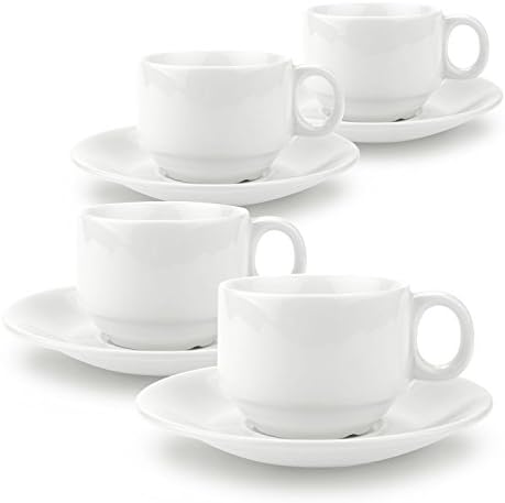 T4U 90ml Simple Espresso Cups and Saucers with Handle Small Tea Cup and Saucer Fine Durable Porcelain White sets of 4