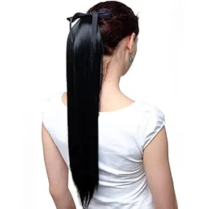 Alizz Synthetic Straight Ponytail Long Hair Extension (Black) 22 inch Long Ribbon Simple Straight Ponytail Hair Extension For Women , Pack of 1 high volume of hair, juda choti wig, Punjabi Parandi Braids Hair Extensions for Women_Hair Extension/Braid Hair Accessories For Women/Girls