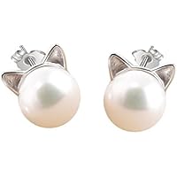 PearlsStudio Frauen 925 Sterling Silber Nette Katze Ohren Ohrring 8mm Weiß Simulierte Perle Ohrringe Stud Weihnachten Bester Freund Hochzeit Perle Ohrstecker