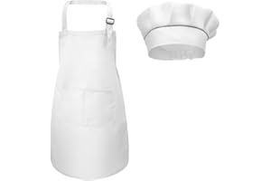 Fodlon Fartuch dziecięcy z kapeluszem szefa kuchni, regulowany fartuch kuchenny dla dzieci z kieszeniami do pieczenia w piekarniku, obraz 4–12 lat (czerwony, L)