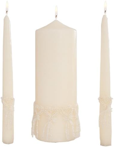Celebration Candles Wedding Unity Candle Set, 9-inch Pillar Candle encircled with Beaded Hearts, with matching 10-inch Taper Candles, Ivory