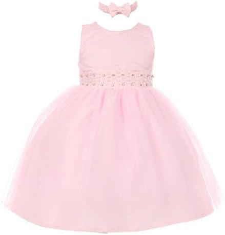RainKids Baby Girls Pink Pearl Diamond Accent Tulle Flower Girl Dress 18M