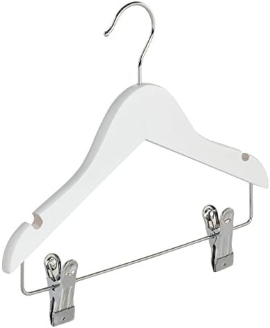 5 x Blouse / shirt hanger (child) white lacquered, flat style with notches and trouser bar with adjustable chrome finish non-slip clips, 32 cm - THE CLOTHES HANGER GIANT