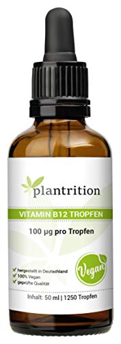 plantrition Vitamin B12 Tropfen 1000µg pro Tagesdosis - 1250 Tropfen je 100µg - Beide Aktivformen (Methyl- & Adenosylcobalamin) Laborgeprüft, ohne Alkohol, vegan & hergestellt in DE 50ml