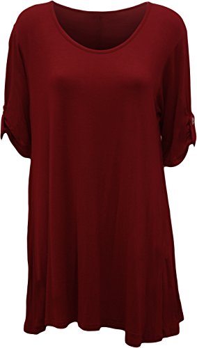 Womens Plus Size Scoop Neck Short Sleeve Flared Ladies Long Plain Top - Wine - 18
