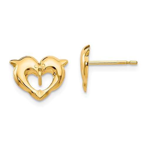 14k Yellow Gold Heart Dolphins Post Stud Earrings Love Animal Sea Life Fine Jewellery For Women Gifts For Her