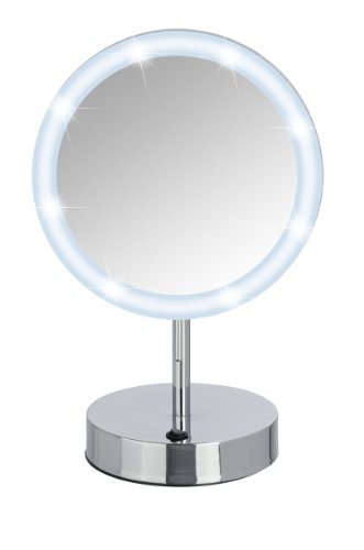 WENKO 3656490100 LED Standspiegel Aura – Kosmetikspiegel, mit hochwertigem Acrylrahmen, Spiegelfläche ø 16.5cm, 500% Vergrößerung, Stahl, 20 x 32 x 14 cm, Chrom - 6