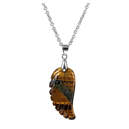JSDDE Natural Reiki Healing Crystal Stone Pendant Necklace - Engraved Angel Wing Gemstone Jewelry, Tiger Eye