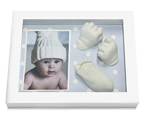 Marco con Material Huellas del Bebe en 3D Pie o Mano - Fondo Azul con Motitas - Made in Spain