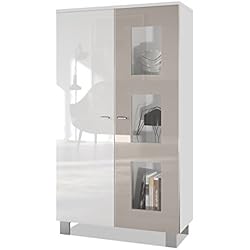 Vitrine Armoire Denjo, Corps en Blanc Mat/Façades en Blanc Haute Brillance et Gris Sable Haute Brillance