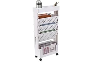 TREETDOBV Scaffale per Libri a 5 Livelli Scaffale per Libri, Scaffale per Libri Mobile Capacità Multistrato Girevole Rimovibile Plastica Scaffale Pratico per L'organizzazione di Rotolamento con Ruota,(Bianco)