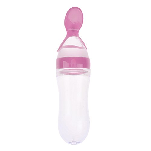 Greencolourful Infants Squeeze Feeder Silicone Squeeze Feeding Bottle with Feeding Spoon(Pink)