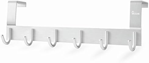 Anjuer Door Hooks Hanger Rack, Aluminum Utility Organizer Holder for Kithchen Bathroom, 6 Hooks Over The Door Hanger Silver