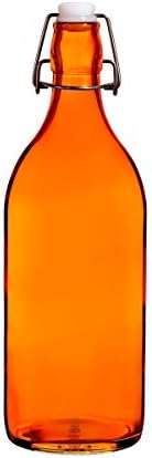 Swing Top Reusable Glass Bottles 1L/34oz Flowersea for Oil, Vinegar, Beverages, Beer, Water, Kombucha, Kefir, Soda (Orange, Round)