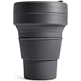 STOJO On-The-Go Collapsible Coffee Cup - 12oz / 355ml - Reusable & Foldable Silicone Travel Mug with Lid - Portable, Pocket Size - Dishwasher Safe - Carbon