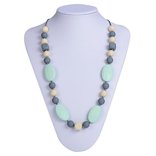 DOMIRE Silicone Teething Necklace for Mom Wear Food Grade Silicone BPA Free and FDA Approved Chewiness Levels Baby Teething Toy (Mint-Ivory-Grey)