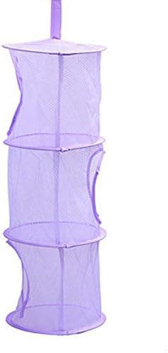 Foldable Round Mesh Hanging Organizer Net 3 Shelf Compartments Tier Kids Toy Storage Cage Space Saving Clothes Basket Bags Bathroom Wardrope Wall Door Closet (Purple)