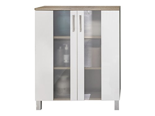 Trendteam Badkommode Weiss, Eiche Sägerau Nachbildung Melamin, Satiniertes Glas, BxHxT 65x80x31 cm Mueble, Roble, Blanco, 65 x 80 x 95.5 cm