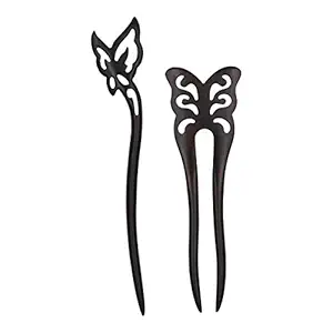 Real Sic Natural Sandalwood Hair Sticks for Women - Set of 2 - Retro Fashion Chopsticks for Long Hair (Butterfly Set)