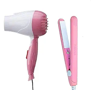 Finiviva 2 in 1 Mini Size Hair Styling Combo Kit of Hair Straightener, Curler and Hair Dryer - Pink, White