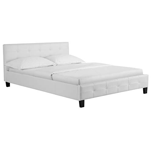 spécifications IDIMEX Lit Double pour Adulte Mathieu Couchage 140 x 190 cm avec sommier 2 Places / 2 Personnes, tête et Pied de lit capitonnés, revêtement synthétique Blanc