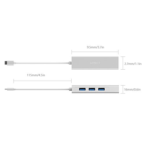 AIFFECT Aluminum USB-C To 3-Port USB 3.0 Hub with Ethernet Adapter For USB Type-C Devices Including The New MacBook 2016, ChromeBook Pixel And More – Silver - 6