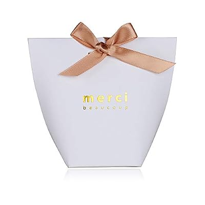 SERWOO (H :10cm) 50PCS Boîtes à Dragées Bonbon Blanches en ‘Merci’ avec Rubans Boîte à Bonbon Bonbonnière Faveur Chocolat Ballotin Decoration Mariage Baptême Fête Noël