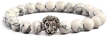 Brand White Howlite gemstone marble look Natural Beads with Lion head bracelet Men Women Unisex Gift Box