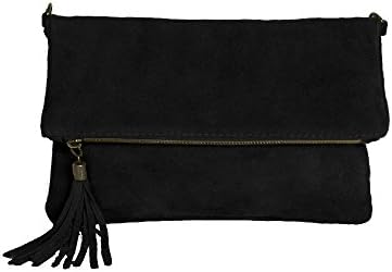 Black Clutch Bag in Suede Leather with Tassel for women by ImiLoa small handbag leatherbag