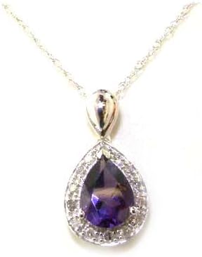 9ct White Gold Pear cut Amethyst &amp; Diamond Cluster Set Pendant &amp; 18" Chain Necklace